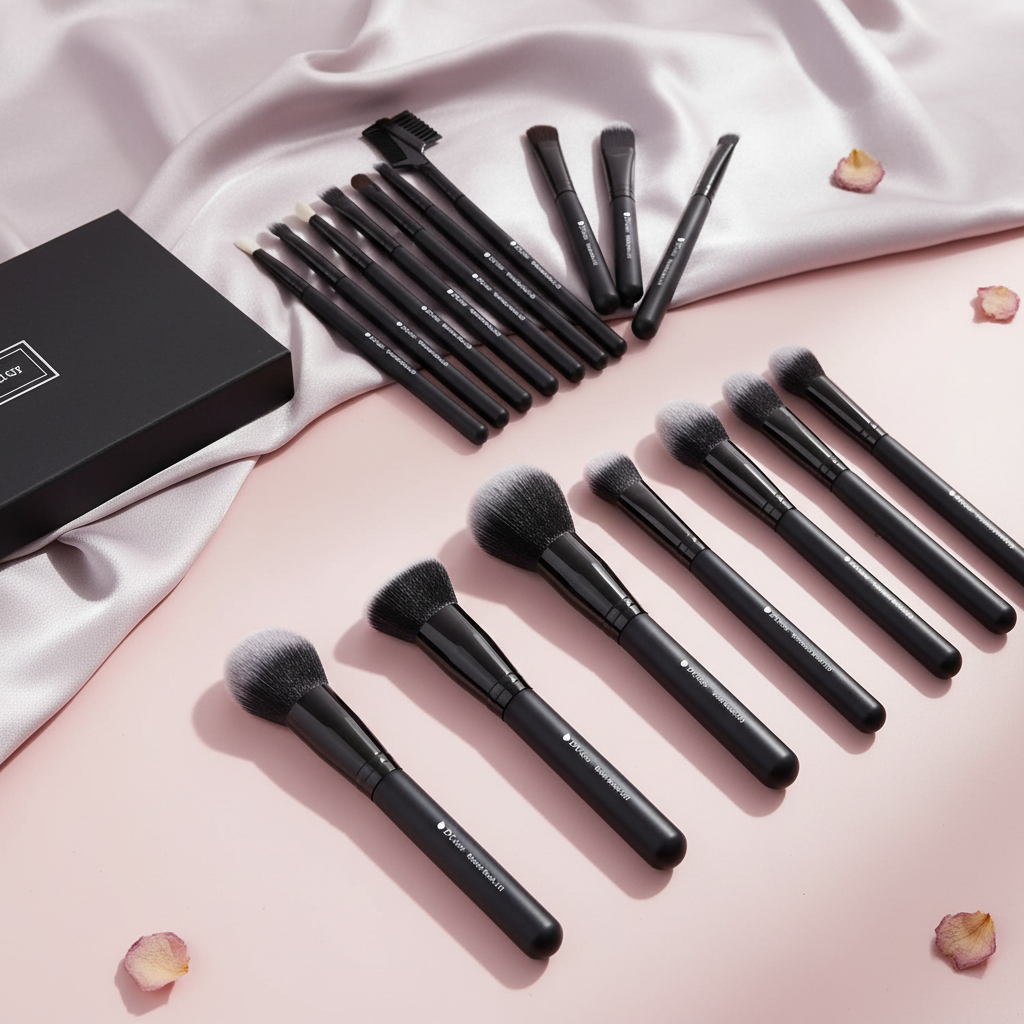 A professional 27-piece makeup brush set is elegantly arranged on a blush pink surface with a pale mauve silk background.