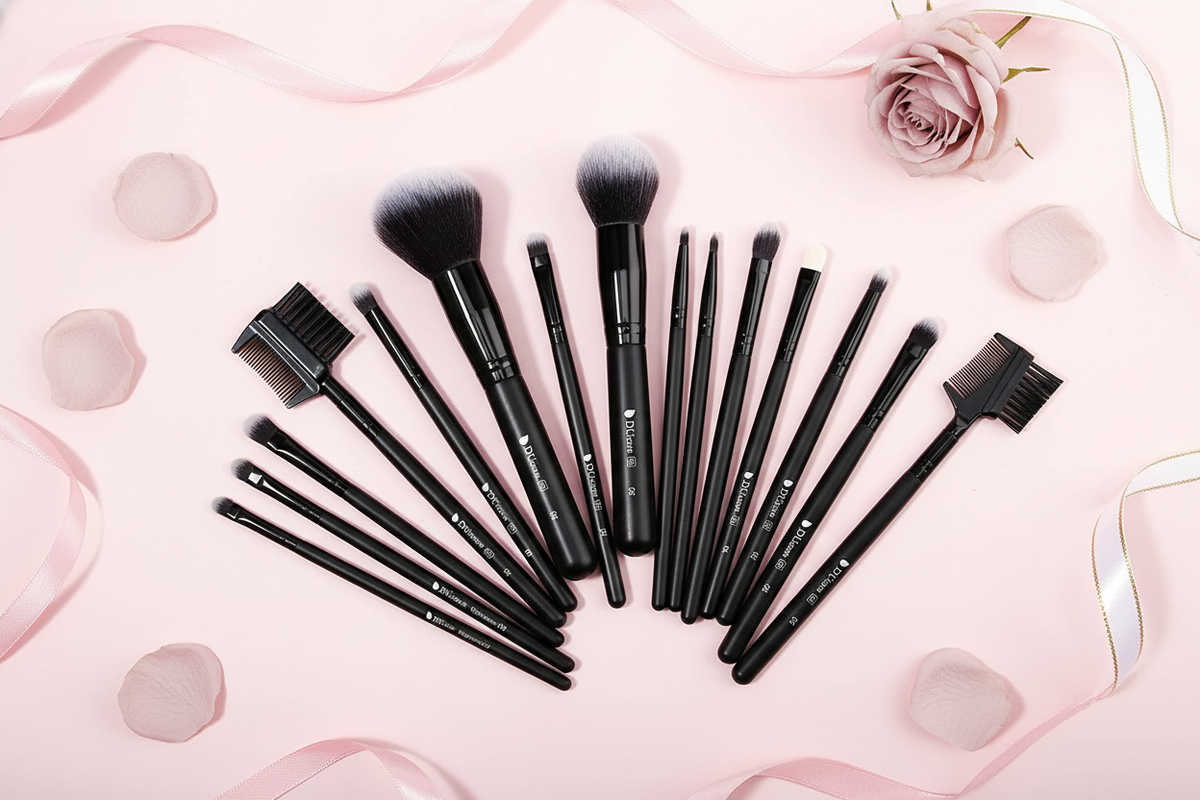 A flat lay studio photo of a 27-piece professional makeup brush set, arranged on a blush pink surface with scattered pale mau